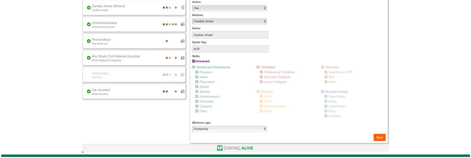Alert type configuration: the administrator selects which qualifications are dispatched for each type.