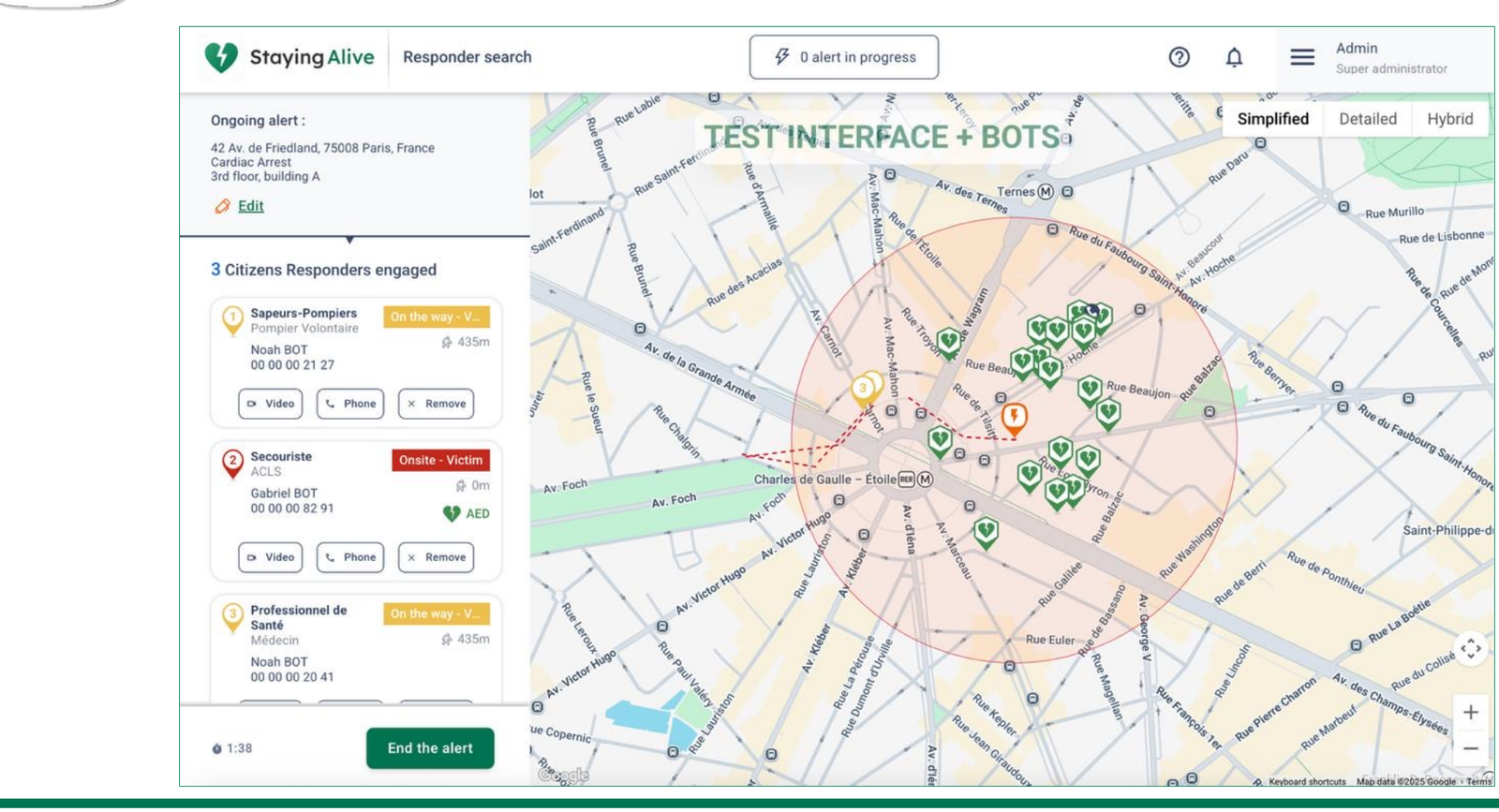 The alert radius is drawn on the map, with every available responder inside it.